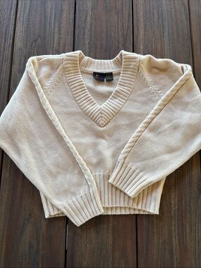 Vintage Cream V-Neck Cable-Trim Sweater LizSport